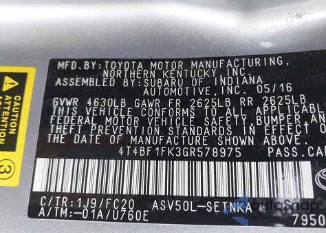 2016 Toyota Camry Le z USA, uszkodzony, nr VIN 4T4BF1FK3GR578975